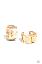 Load image into Gallery viewer, Featuring star silhouettes, a thick gold hoop snugly curls around the ear for a stellar display. Earring attaches to a standard hinge closure fitting. Hoop measures approximately 3/4&quot; in diameter. Sold as one pair of hoop earrings.
