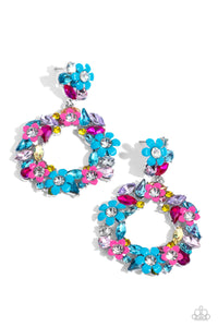 Hanging from a cluster of flowers and multicolored gems, a similarly vibrant collection of turquoise and pink flowers and multicolored gems bloom into a free-spirited wreath below the ear. Earring attaches to a standard post fitting. Sold as one pair of post earrings.