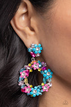 Load image into Gallery viewer, Hanging from a cluster of flowers and multicolored gems, a similarly vibrant collection of turquoise and pink flowers and multicolored gems bloom into a free-spirited wreath below the ear. Earring attaches to a standard post fitting. Sold as one pair of post earrings.
