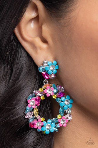 Hanging from a cluster of flowers and multicolored gems, a similarly vibrant collection of turquoise and pink flowers and multicolored gems bloom into a free-spirited wreath below the ear. Earring attaches to a standard post fitting. Sold as one pair of post earrings.
