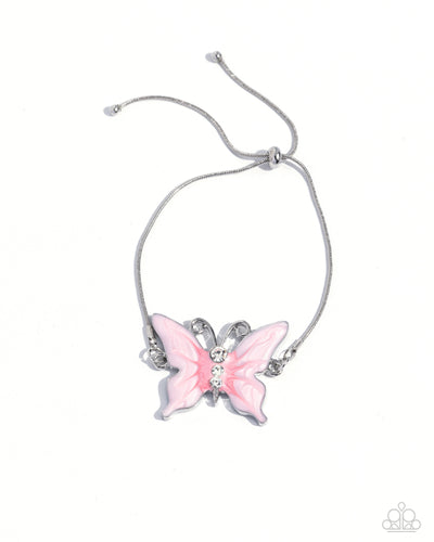 Featuring a glossy finish, an asymmetrical pink-painted butterfly patterned with accents of darker pink whimsically dances along a dainty silver snake chain. Three white gems decrease in size along the butterfly's body for a radiant finish around the wrist. Features an adjustable sliding knot closure. Sold as one individual bracelet.