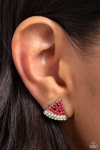 Featuring red, black, white, and green rhinestones, a silver watermelon-inspired post glitters from the ear for a fresh, fruity design. Earring attaches to a standard post fitting. Sold as one pair of post earrings.