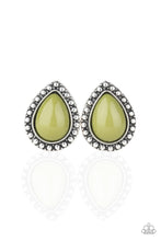 Load image into Gallery viewer, A zesty Guacamole teardrop bead is pressed into the center of a studded silver frame for a colorful flair. Earring attaches to a standard post fitting.   Sold as one pair of post earrings.

