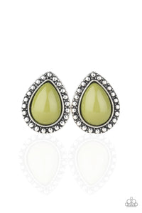 A zesty Guacamole teardrop bead is pressed into the center of a studded silver frame for a colorful flair. Earring attaches to a standard post fitting.   Sold as one pair of post earrings.