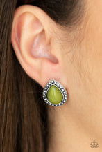 Load image into Gallery viewer, A zesty Guacamole teardrop bead is pressed into the center of a studded silver frame for a colorful flair. Earring attaches to a standard post fitting.   Sold as one pair of post earrings.
