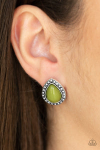 A zesty Guacamole teardrop bead is pressed into the center of a studded silver frame for a colorful flair. Earring attaches to a standard post fitting.   Sold as one pair of post earrings.