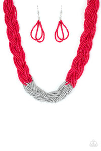 Strands of red seed beads create an indigenous braid below the collar. The red seed beads gradually morph into metallic silver beads at the center for a chic contrasting look. Features an adjustable clasp closure. Sold as one individual necklace. Includes one pair of matching earrings.