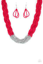 Load image into Gallery viewer, Strands of red seed beads create an indigenous braid below the collar. The red seed beads gradually morph into metallic silver beads at the center for a chic contrasting look. Features an adjustable clasp closure.  Sold as one individual necklace. Includes one pair of matching earrings.
