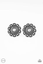 Load image into Gallery viewer, Brushed in an antiqued shimmer, a studded silver floral frame radiates with rippling textures for a seasonal fashion. Earring attaches to a standard clip-on fitting. Sold as one pair of clip-on earrings.
