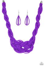 Load image into Gallery viewer, Countless strands of purple seed beads are twisted and knotted together to create an unforgettable statement piece. Features an adjustable clasp closure. Sold as one individual necklace. Includes one pair of matching earrings.
