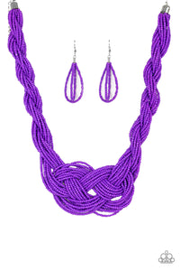 Countless strands of purple seed beads are twisted and knotted together to create an unforgettable statement piece. Features an adjustable clasp closure. Sold as one individual necklace. Includes one pair of matching earrings.