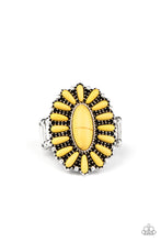 Load image into Gallery viewer, Sunny yellow stones are pressed into a studded silver frame, coalescing into a whimsical floral centerpiece atop the finger. Features a stretchy band for a flexible fit. Sold as one individual ring.
