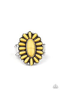 Sunny yellow stones are pressed into a studded silver frame, coalescing into a whimsical floral centerpiece atop the finger. Features a stretchy band for a flexible fit. Sold as one individual ring.