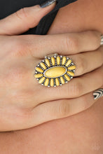 Load image into Gallery viewer, Sunny yellow stones are pressed into a studded silver frame, coalescing into a whimsical floral centerpiece atop the finger. Features a stretchy band for a flexible fit. Sold as one individual ring.
