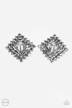 Load image into Gallery viewer, Gradually increasing in size, glittery hematite rhinestones are encrusted along three stacking gunmetal frames for a regal look. The square frames slightly curve in towards the ear for an edgy finish. Earring attaches to a standard clip-on fitting. Sold as one pair of clip-on earrings.
