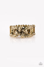 Load image into Gallery viewer, Encrusted in golden topaz rhinestones, shimmery brass bars crisscross across the finger, coalescing into a bold square knot atop the finger. Features a stretchy band for a flexible fit. Sold as one individual ring.
