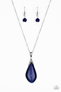 Infused with a white rhinestone encrusted fitting, an asymmetrical blue moonstone swings from the bottom of an elongated silver chain for a whimsical look. Features an adjustable clasp closure. Sold as one individual necklace. Includes one pair of matching earrings.