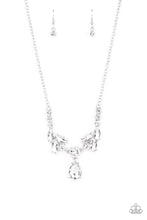 Load image into Gallery viewer, Tiers of white rhinestone encrusted silver frames delicately link below the collar, giving way to an oversized white teardrop rhinestone pendant for a timeless finish. Features an adjustable clasp closure. Includes one pair of matching earrings.
